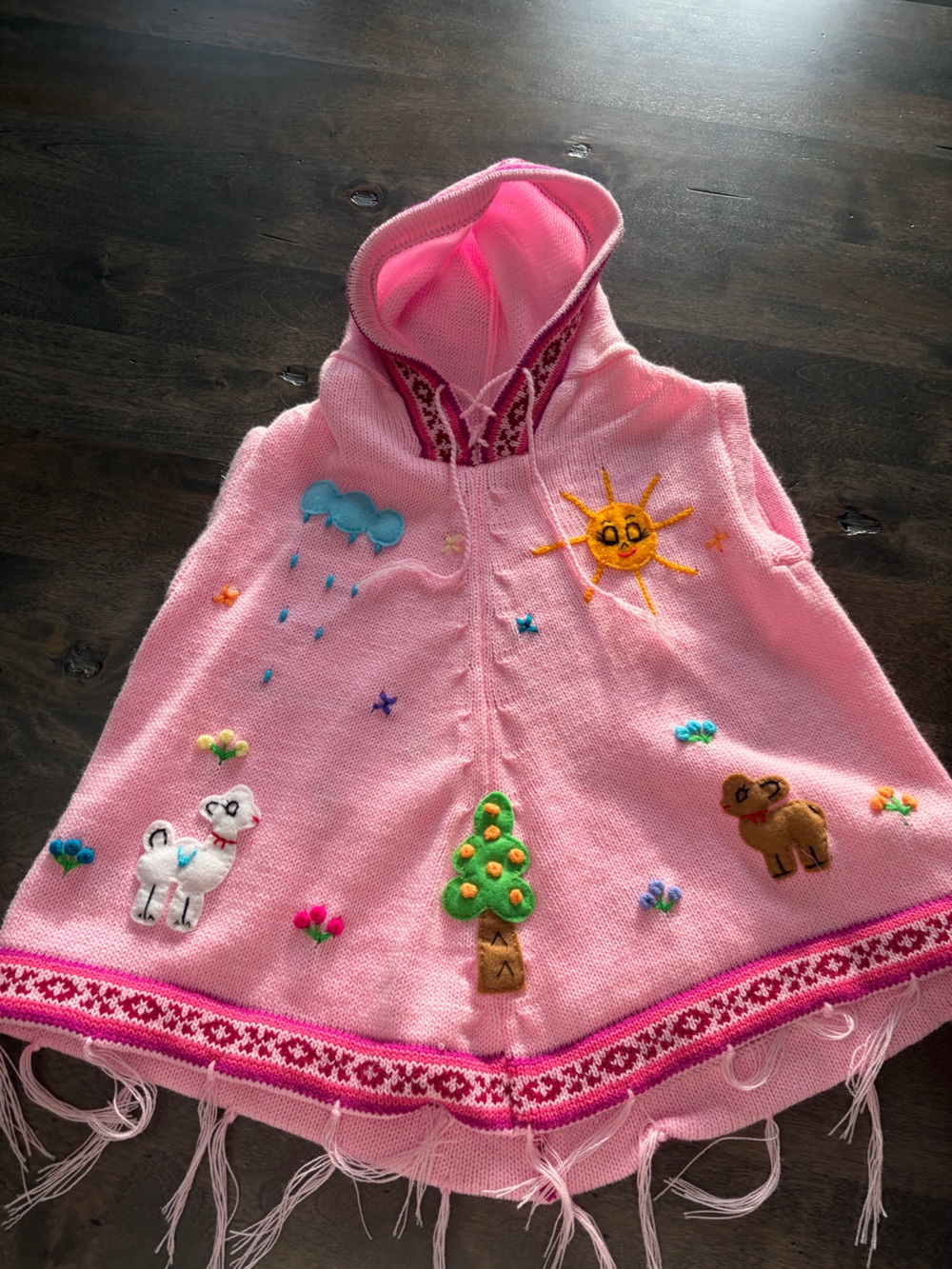 Kids Pink Hooded Poncho with Playful Embroidered Animals